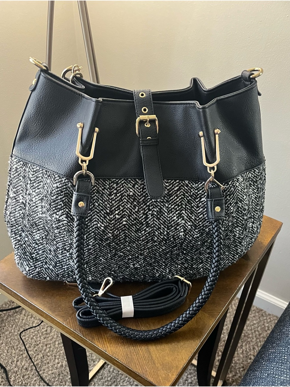 Black Rivet Black & Gray Herringbone Tote Handbag with Gold Hardware
